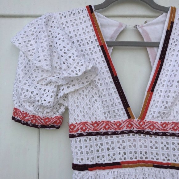 UO Madiera White Eyelet V Neck Midi Dress XS - Picture 4 of 12